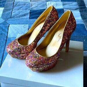 Jessica Simpson Pink and Gold Sparkle Platform High Heels